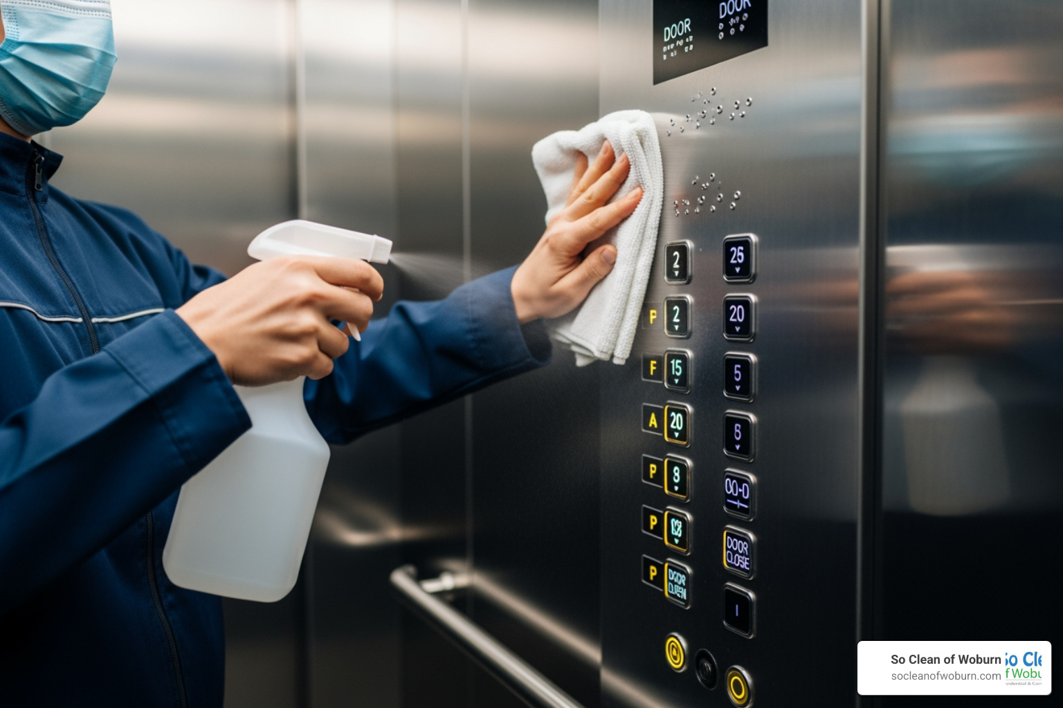 cleaning professional sanitizing an elevator button panel - common area cleaning Cambridge MA cleaning professional sanitizing an elevator button panel - common area cleaning Cambridge MA