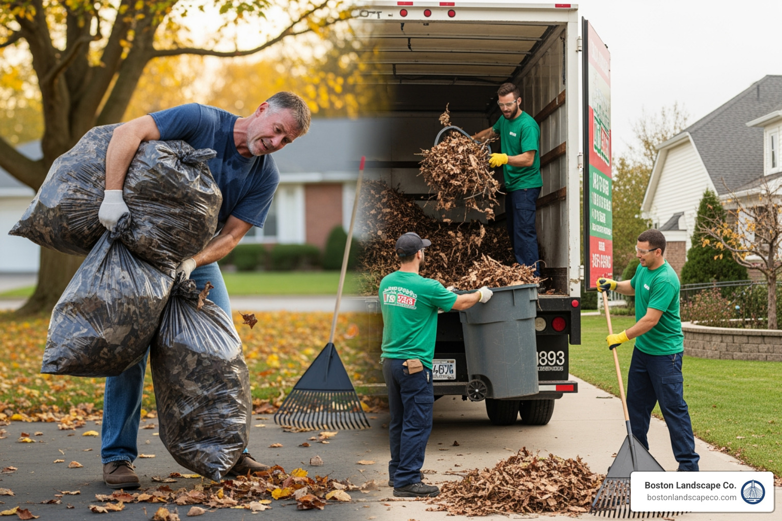 homeowner struggling with multiple small bags of leaves to a professional team efficiently using a large truck - Junk removal yard homeowner struggling with multiple small bags of leaves to a professional team efficiently using a large truck - Junk removal yard