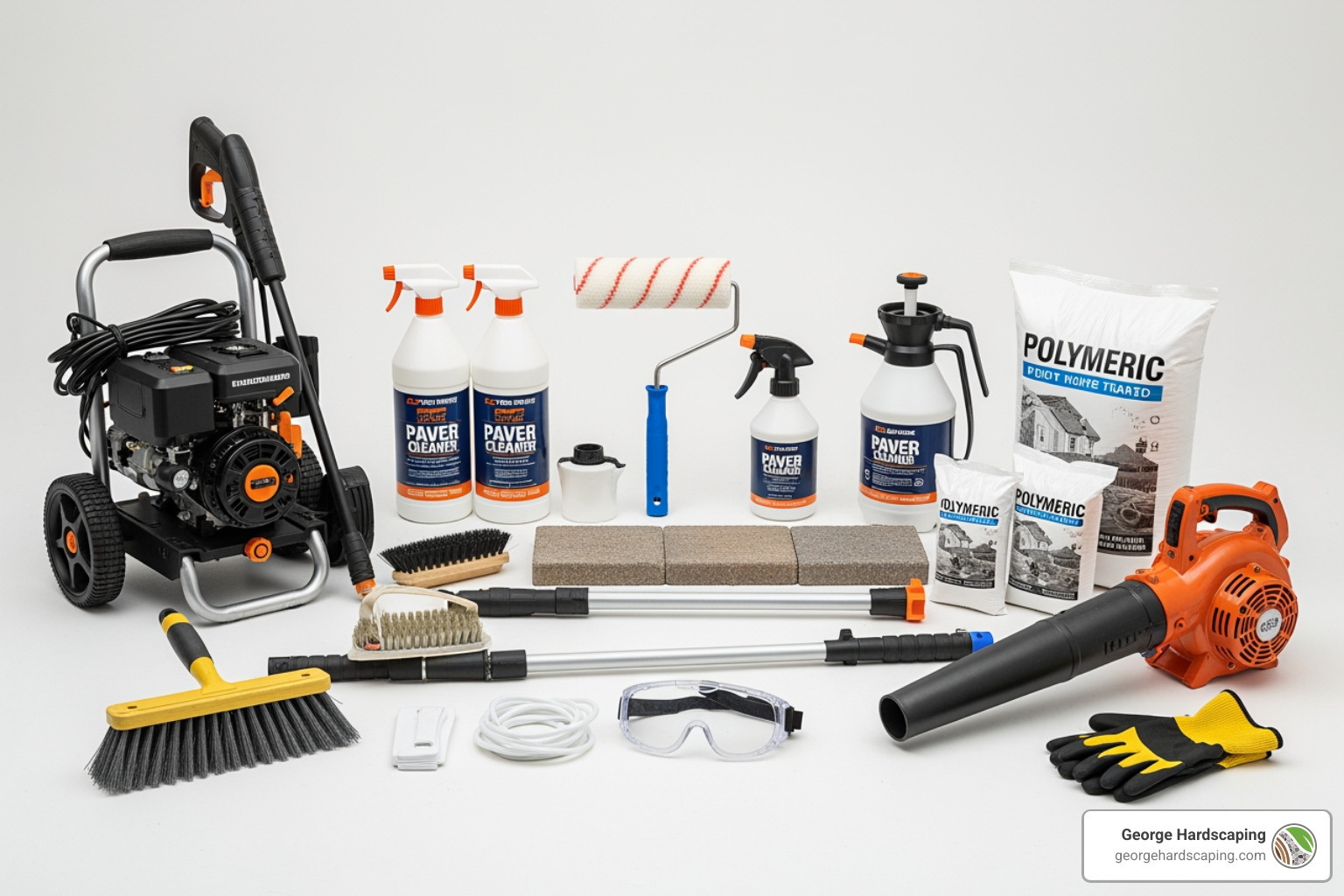 A collection of all necessary materials laid out neatly: a pressure washer, bottles of paver cleaner, a stiff brush, a roller with an extension pole, a garden sprayer, bags of polymeric sand, a broom, a leaf blower, safety goggles, and protective gloves. - how to seal pool deck pavers A collection of all necessary materials laid out neatly: a pressure washer, bottles of paver cleaner, a stiff brush, a roller with an extension pole, a garden sprayer, bags of polymeric sand, a broom, a leaf blower, safety goggles, and protective gloves. - how to seal pool deck pavers