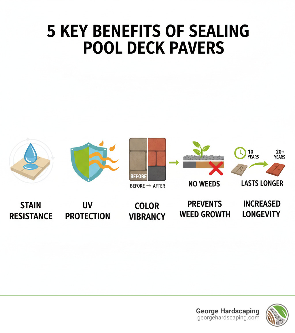 infographic showing five key benefits of sealing pool deck pavers: enhanced stain resistance with a water droplet beading on surface, UV protection shield blocking sun rays, before and after color vibrancy comparison, stabilized joint sand preventing weed growth, and a timeline showing increased longevity from 10 to 20+ years - how to seal pool deck pavers infographic infographic showing five key benefits of sealing pool deck pavers: enhanced stain resistance with a water droplet beading on surface, UV protection shield blocking sun rays, before and after color vibrancy comparison, stabilized joint sand preventing weed growth, and a timeline showing increased longevity from 10 to 20+ years - how to seal pool deck pavers infographic