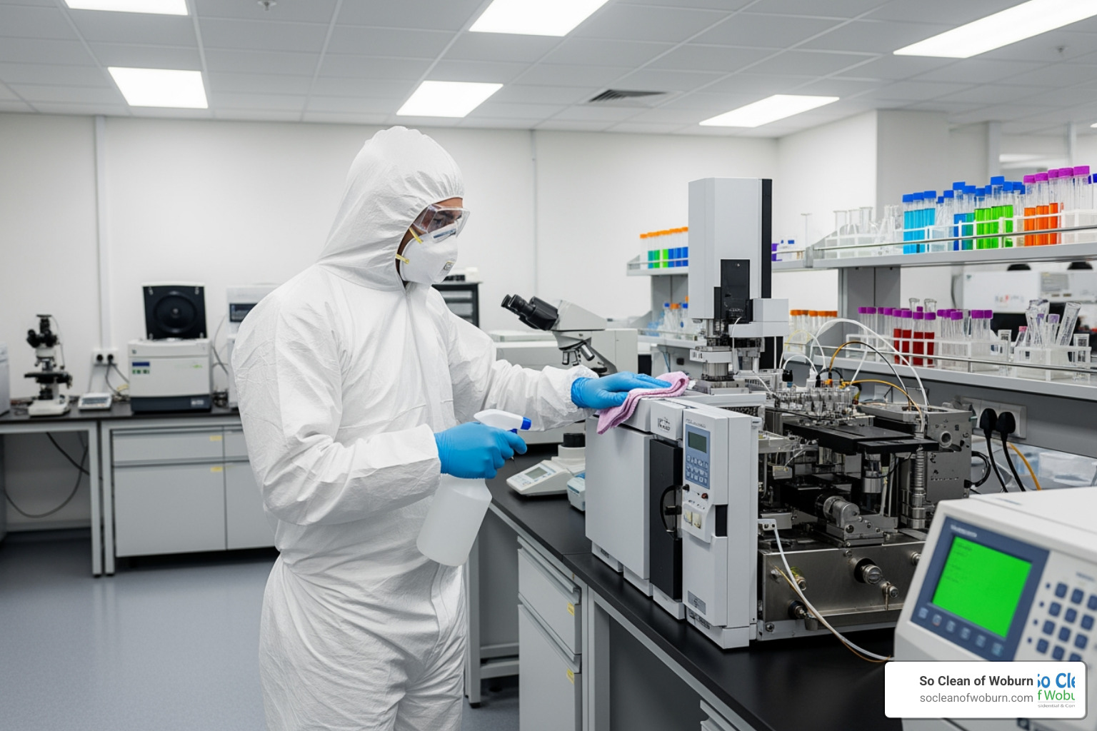 life sciences lab being cleaned by a professional in protective gear - commercial cleaning massachusetts life sciences lab being cleaned by a professional in protective gear - commercial cleaning massachusetts