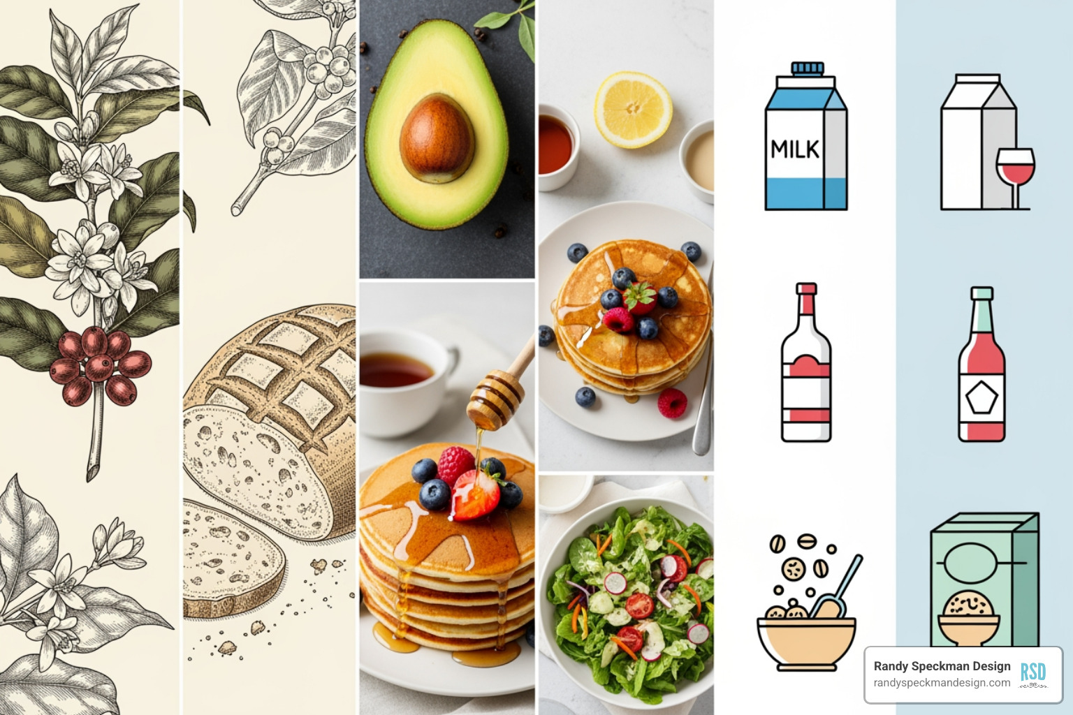 collage showing different artwork styles like illustrations, photos, and vectors - Food packaging artwork