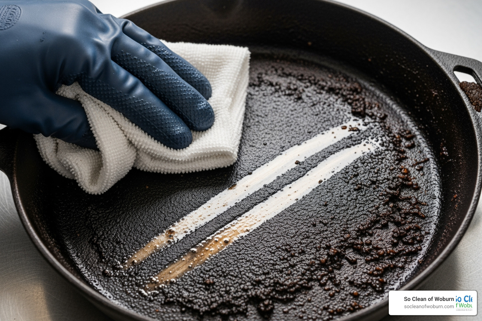 a gloved hand wiping a greasy pan, showing a a clean streak - best degreasing cleaners