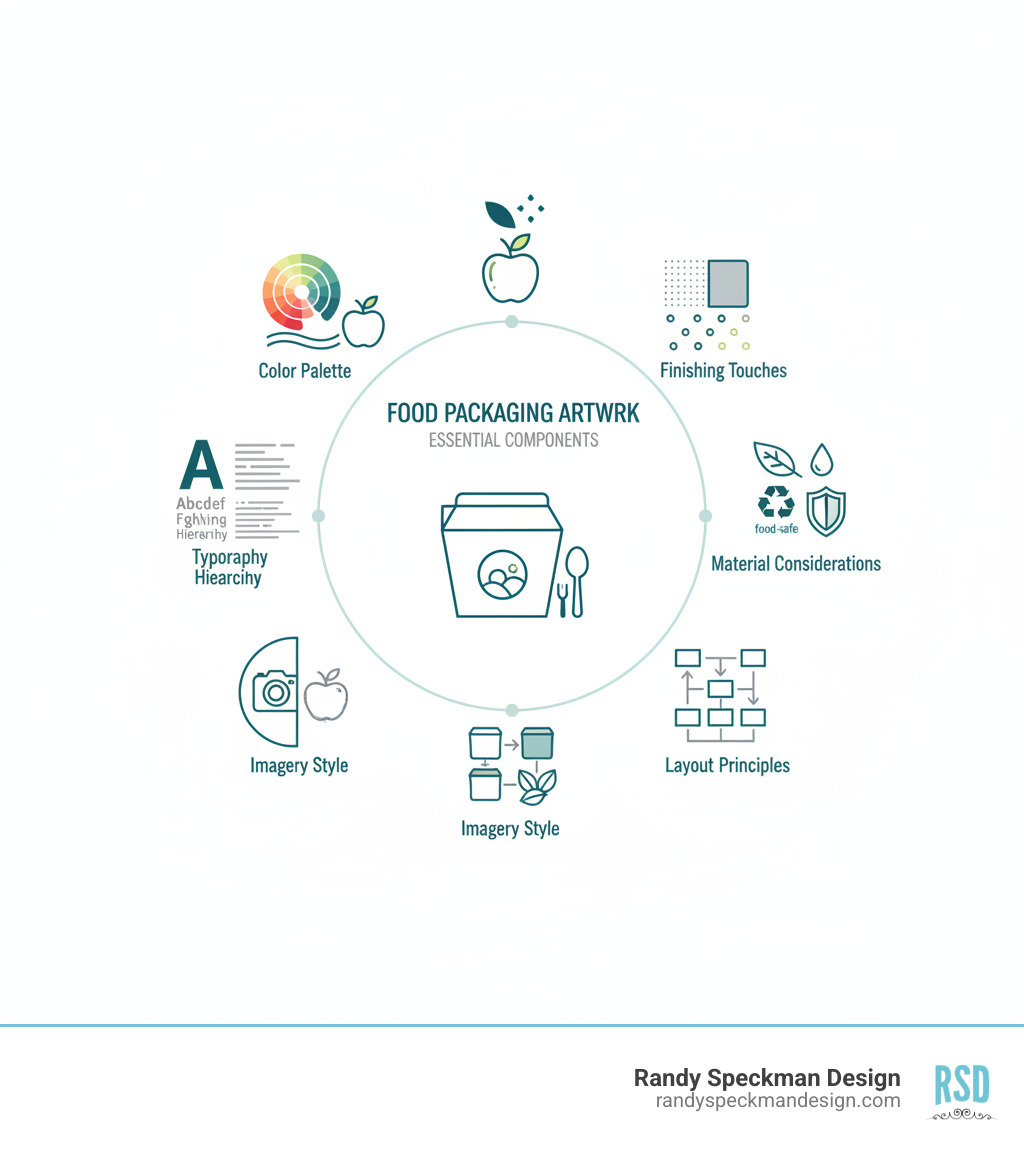 Infographic showing the essential components of food packaging artwork: Color palette selection affecting mood and appetite appeal, typography hierarchy for brand name and product information, imagery style options including photography versus illustration, layout principles for visual flow and information hierarchy, material considerations for sustainable and food-safe packaging, and finishing touches like texture, gloss, or matte coatings - Food packaging artwork infographic 