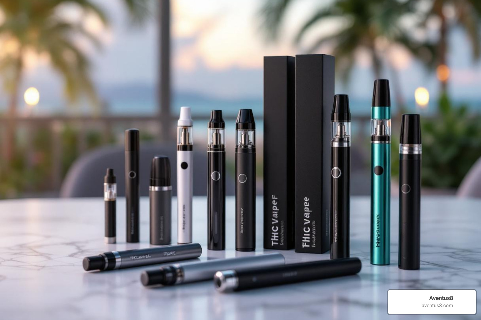 different types of THC vape pens (disposable, cartridge system) displayed on a table in a Hollywood, FL setting - thc weed pen