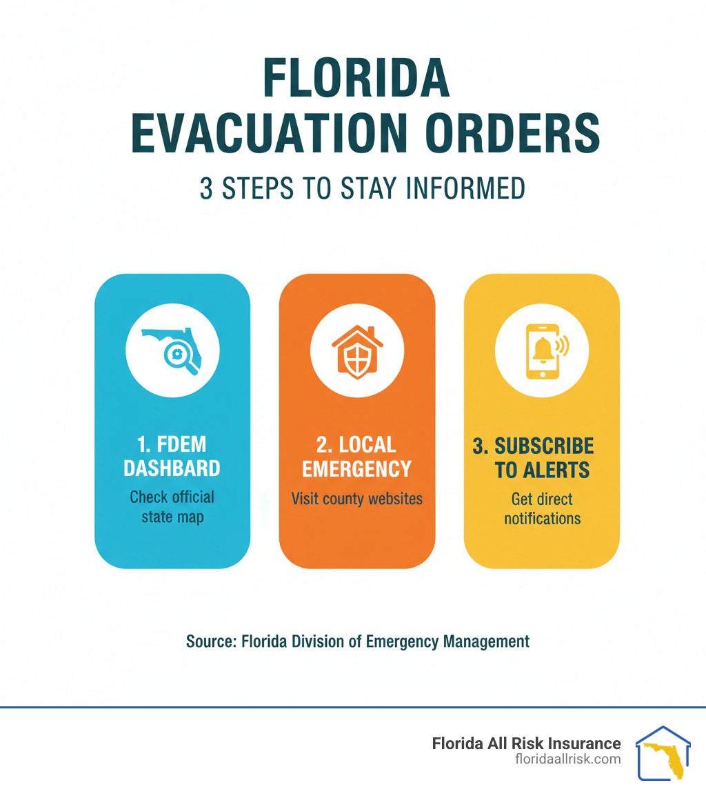 Infographic showing steps to find current Florida evacuation orders, including checking the FDEM dashboard, local emergency management websites, and subscribing to alerts. - florida evacuation orders infographic 