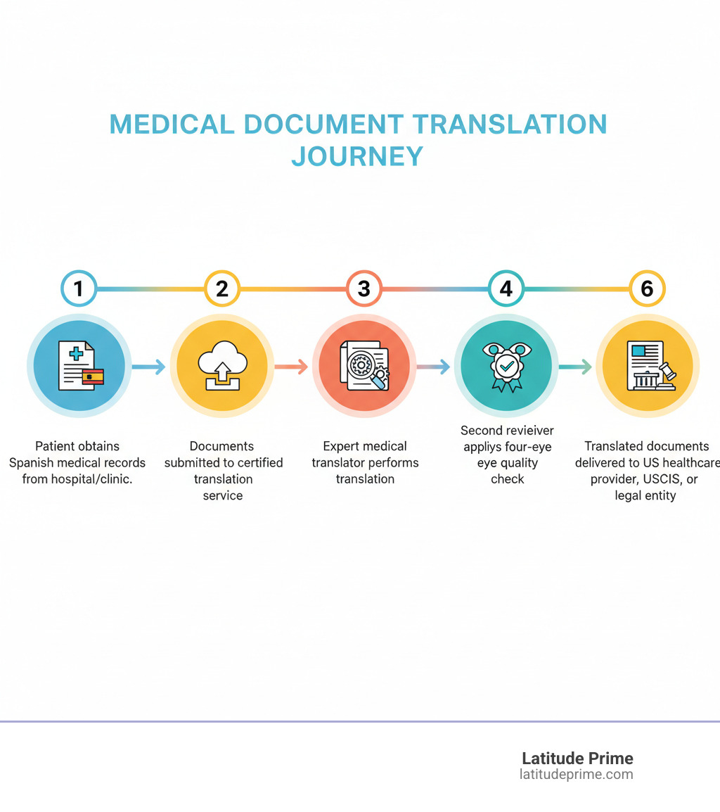 Infographic showing the medical document translation journey: 1) Patient obtains Spanish medical records from hospital/clinic, 2) Documents submitted to certified translation service, 3) Expert medical translator performs translation, 4) Second reviewer applies four-eye quality check, 5) Certificate of accuracy issued, 6) Translated documents delivered to US healthcare provider, USCIS, or legal entity - translate medical documents from spanish to english infographic 