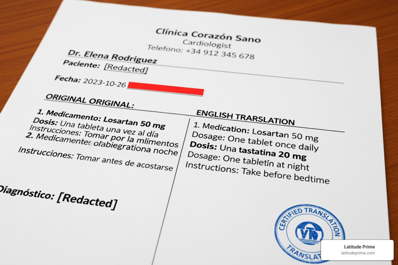 redacted and correctly translated prescription - translate medical documents from spanish to english