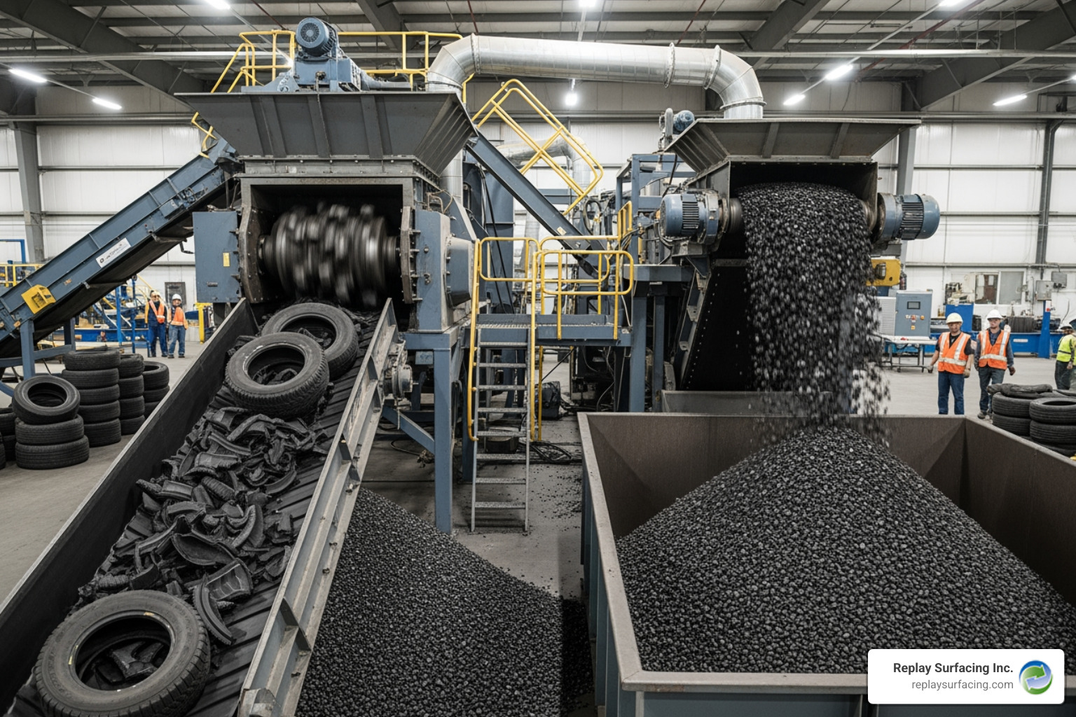 Recycled tires being processed into rubber mulch in a manufacturing facility - rubber play bark