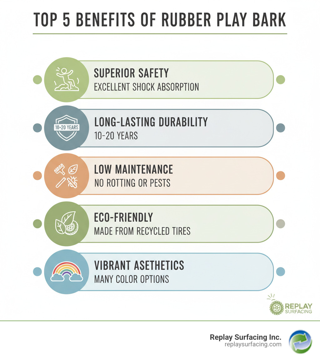 Infographic explaining the top 5 benefits of rubber play bark: Superior Safety through excellent shock absorption, Long-Lasting Durability for 10-20 years, Low Maintenance without rotting or pests, Eco-Friendly as it's made from recycled tires, and Vibrant Aesthetics with many color options - rubber play bark infographic 