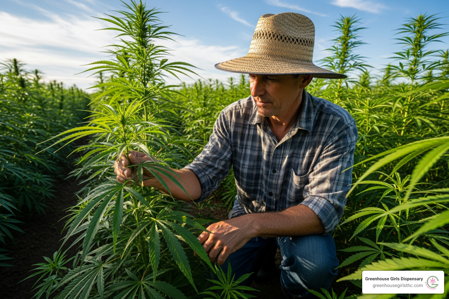hemp farm with farmer inspecting plants - Hemp products legal
