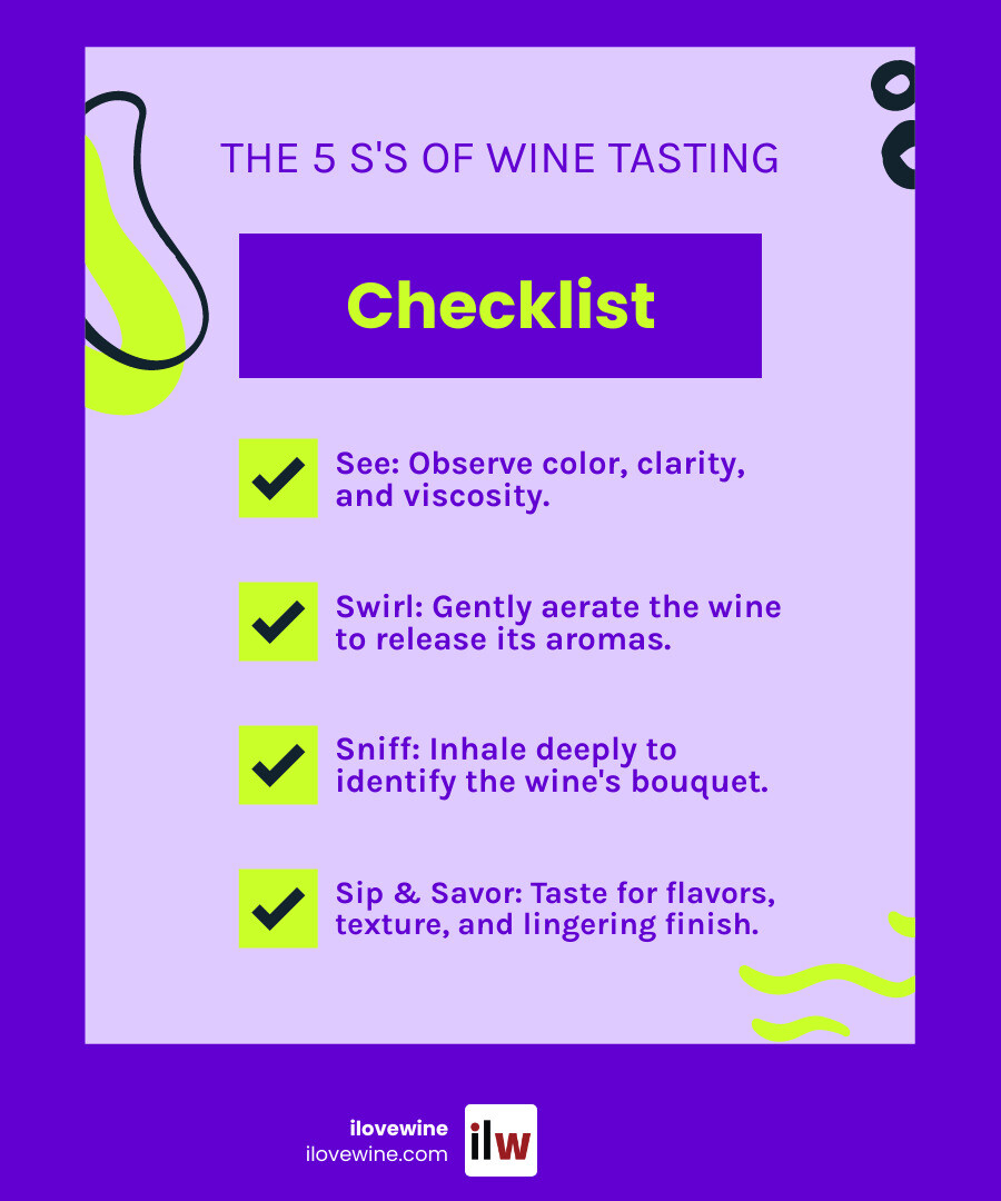 Infographic explaining the 5 S's of Wine Tasting: See, Swirl, Sniff, Sip, and Savor - Wine Tasting Experiences infographic checklist-fun-neon Infographic explaining the 5 S's of Wine Tasting: See, Swirl, Sniff, Sip, and Savor - Wine Tasting Experiences infographic checklist-fun-neon