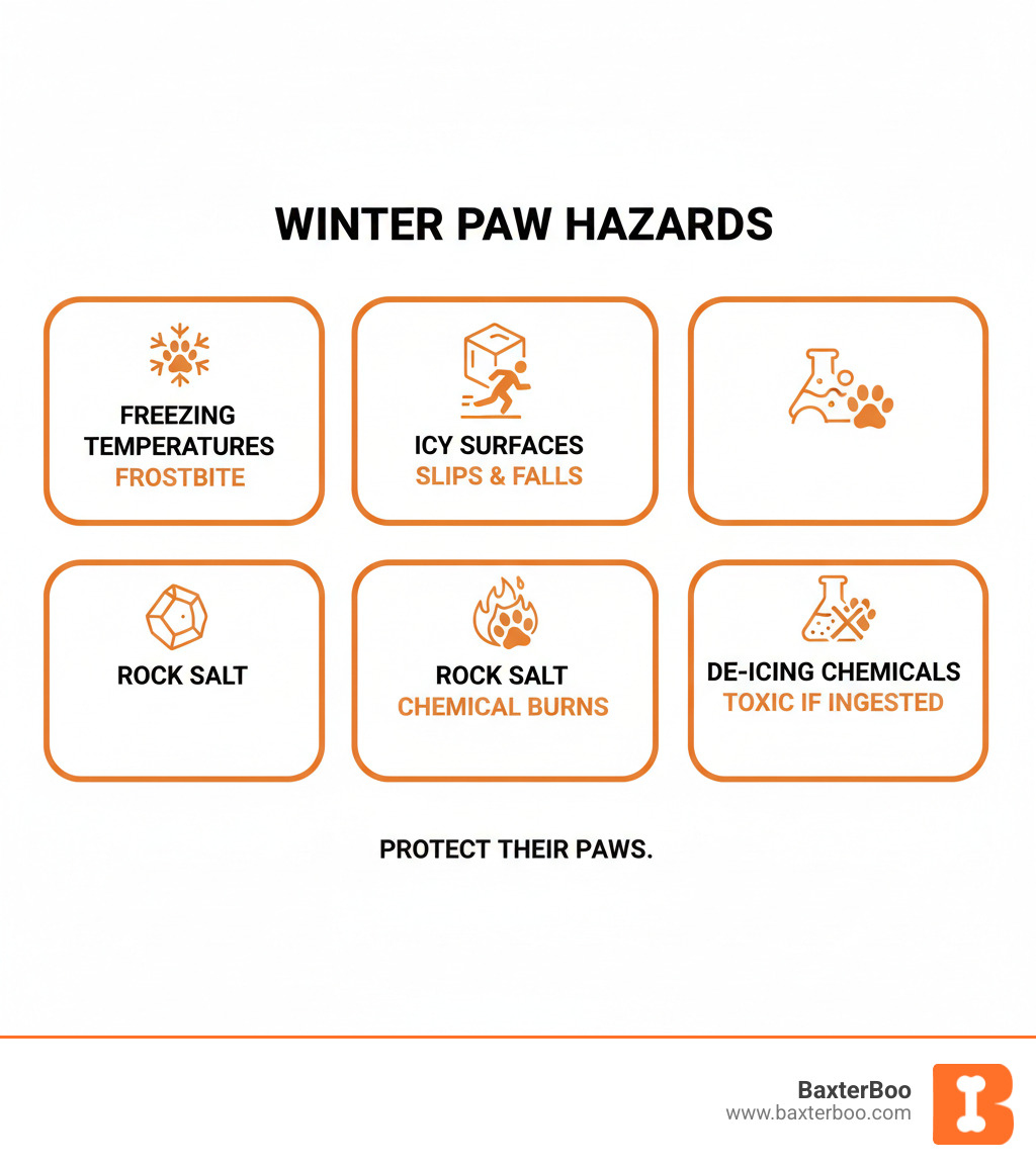 infographic showing four main winter paw hazards with icons: freezing temperatures causing frostbite, icy surfaces causing slips and falls, rock salt causing chemical burns to paw pads, and de-icing chemicals that are toxic when ingested - dog snow boots infographic infographic showing four main winter paw hazards with icons: freezing temperatures causing frostbite, icy surfaces causing slips and falls, rock salt causing chemical burns to paw pads, and de-icing chemicals that are toxic when ingested - dog snow boots infographic