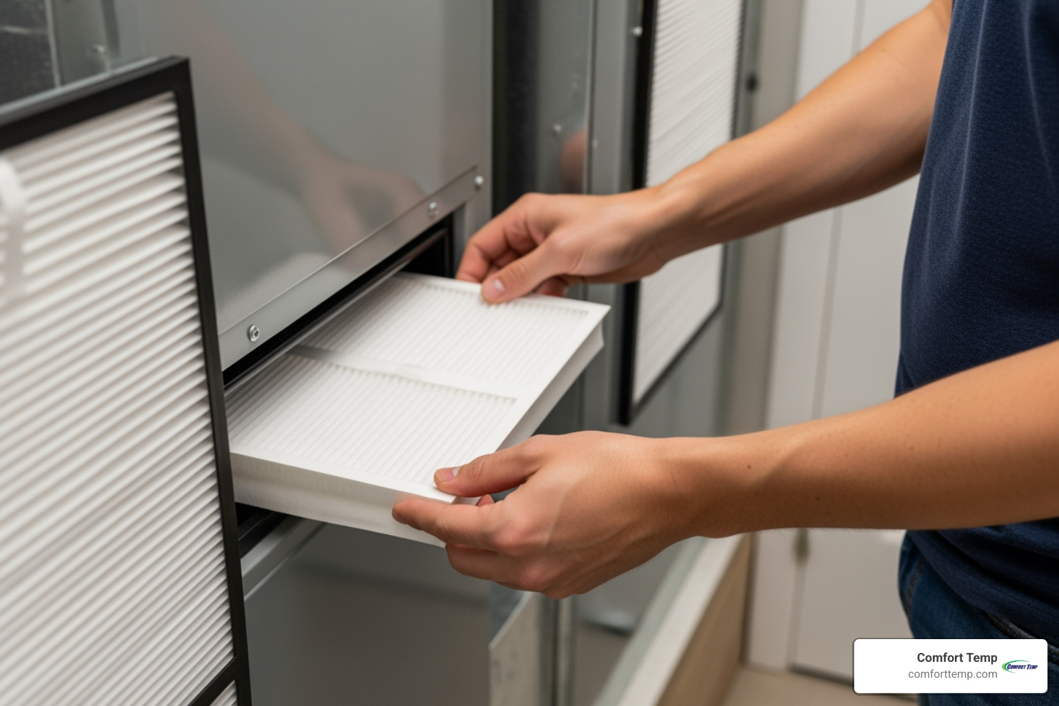 person replacing HVAC air filter - heat pump fix person replacing HVAC air filter - heat pump fix