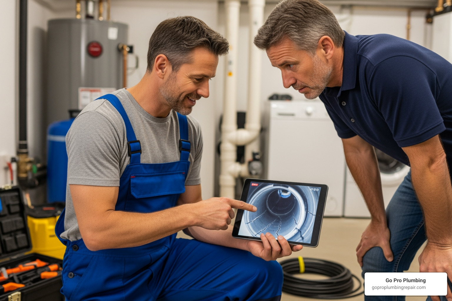 Plumber showing homeowner footage from a sewer camera inspection on a tablet. - sewer line replacement cost