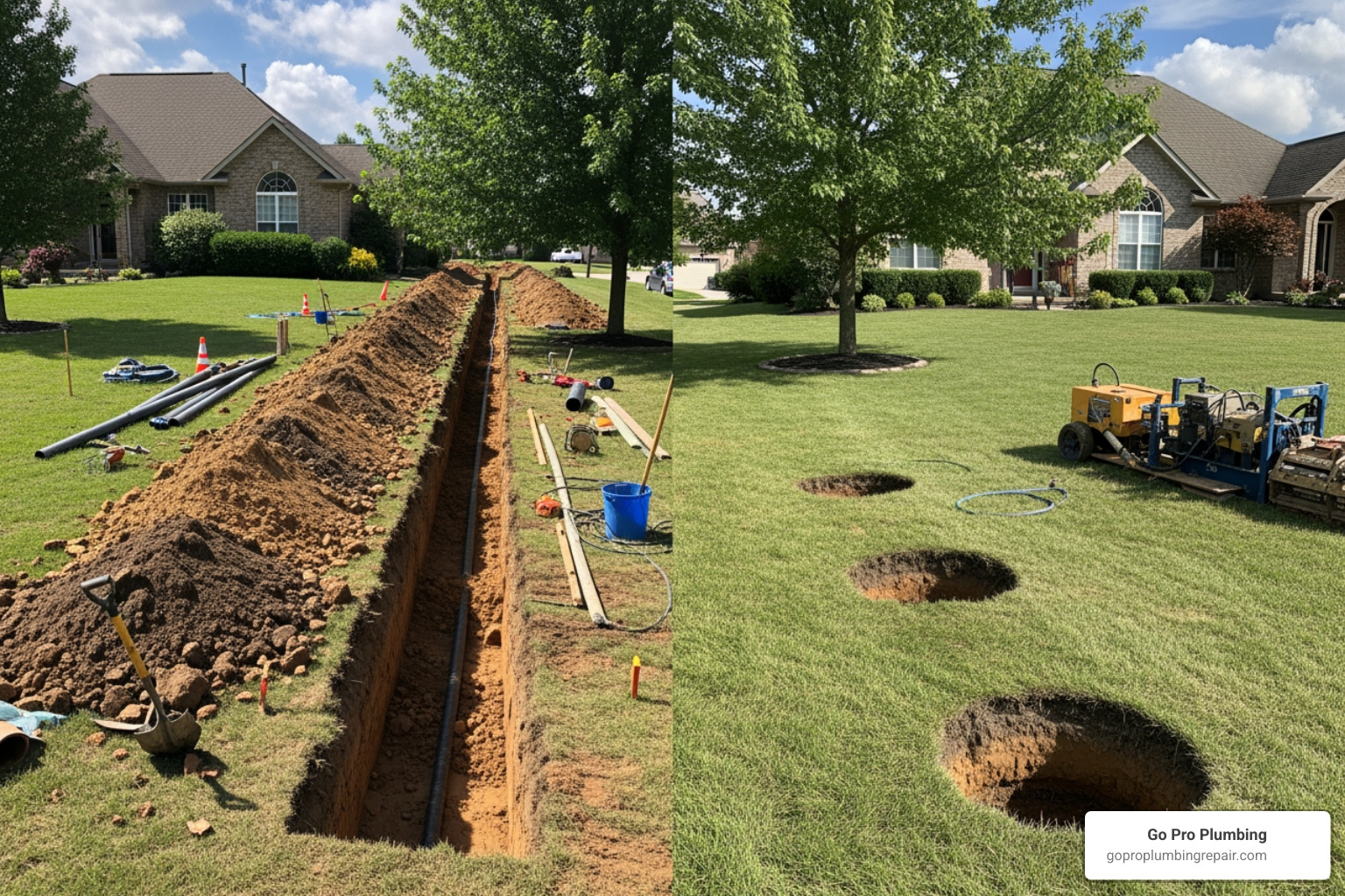 Diagram comparing a yard with a large trench (traditional) next to a yard with two small access holes (trenchless). - sewer line replacement cost