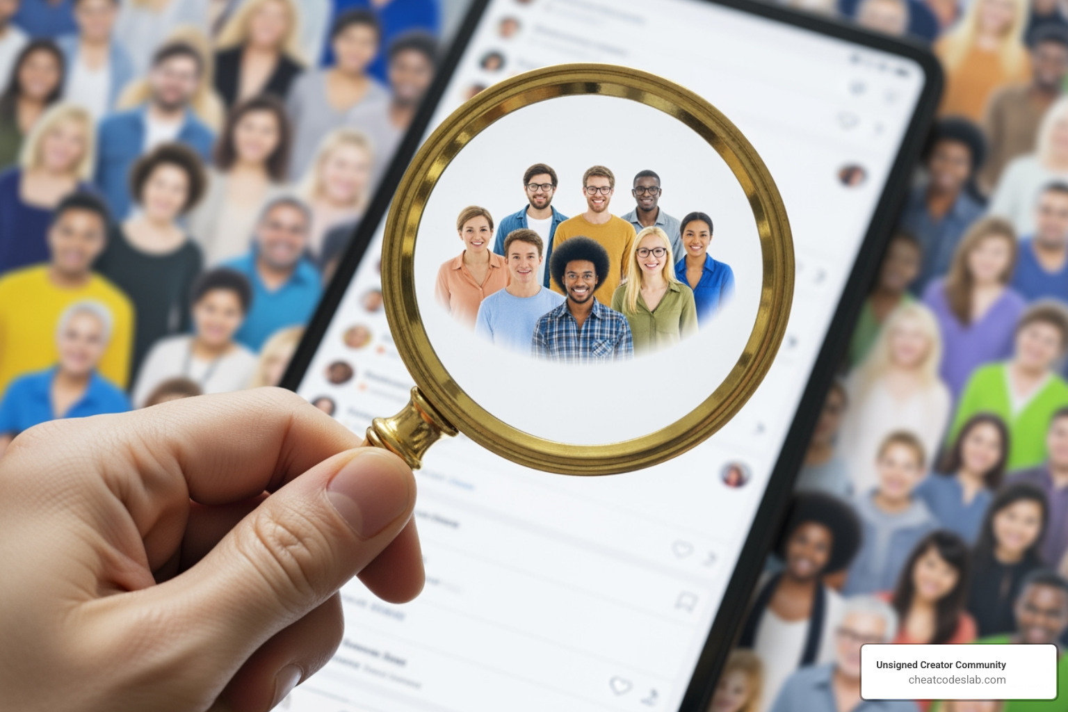 magnifying glass focusing on a specific group of people within a larger crowd on a social media feed - social media audience targeting