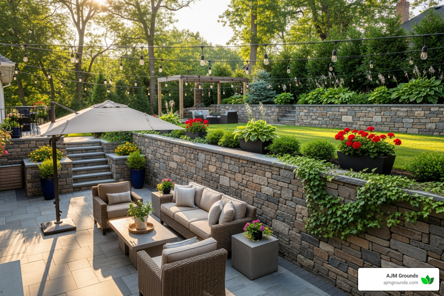 terraced backyard with retaining wall creating patio - Importance of retaining walls