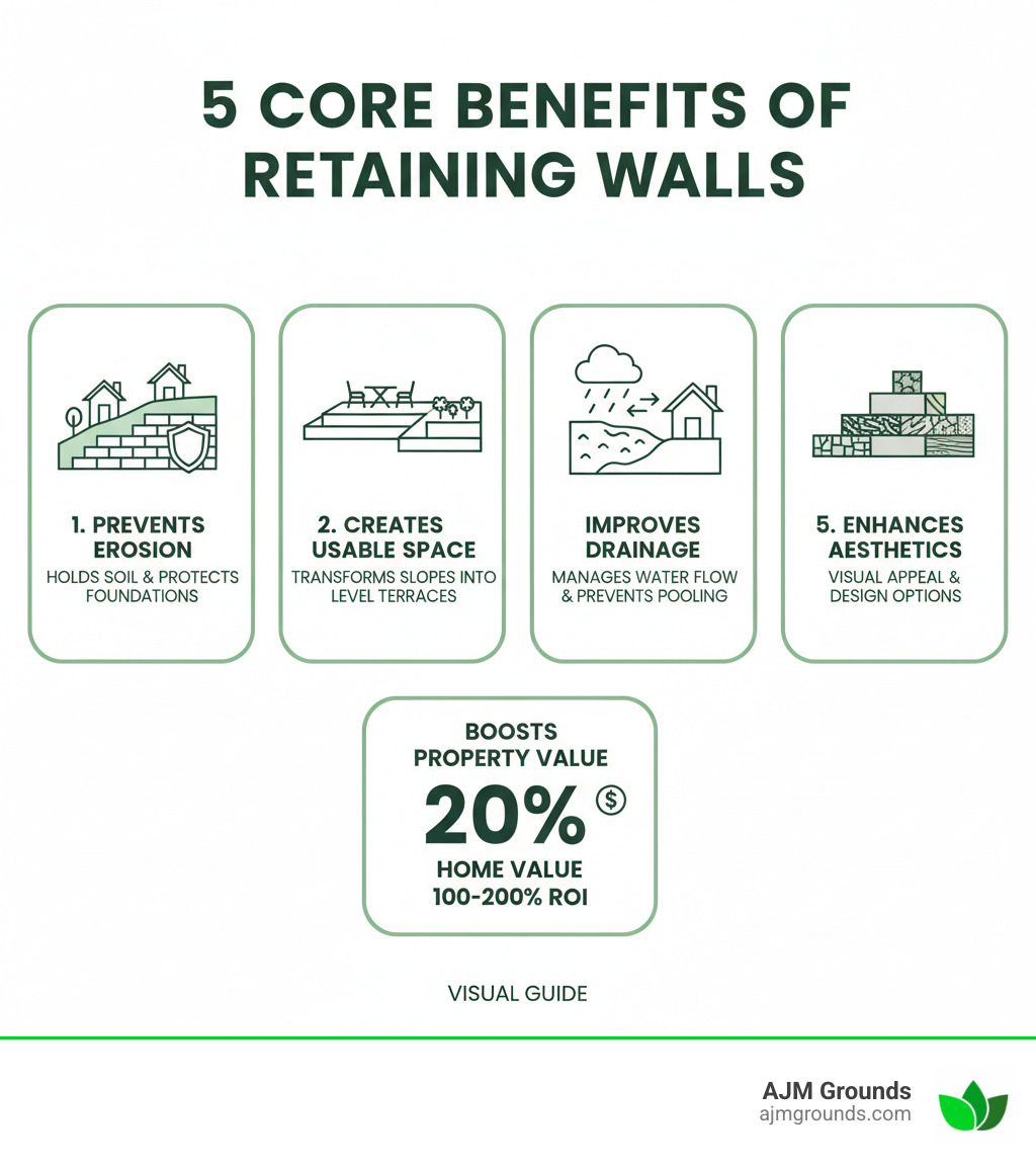 Infographic showing the 5 core benefits of retaining walls: 1. Prevents Erosion - holds soil on slopes and protects foundations, 2. Creates Usable Space - transforms slopes into level terraces for outdoor living, 3. Improves Drainage - manages water flow and prevents pooling, 4. Boosts Property Value - adds 20% to home value with 100-200% ROI, 5. Enhances Aesthetics - adds visual appeal with various materials and designs - Importance of retaining walls infographic 