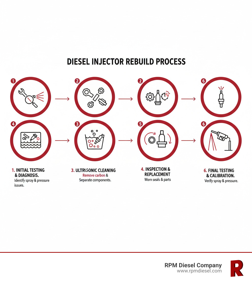 Infographic showing the diesel injector rebuild process: 1. Initial testing and diagnosis to identify spray pattern issues and pressure problems, 2. Complete disassembly of injector components, 3. Ultrasonic cleaning to remove carbon deposits and contaminants, 4. Inspection and replacement of worn seals, nozzles, and internal parts, 5. Reassembly with calibration to OEM specifications, 6. Final testing on specialized equipment to verify spray pattern and pressure - diesel injectors rebuild near me infographic 