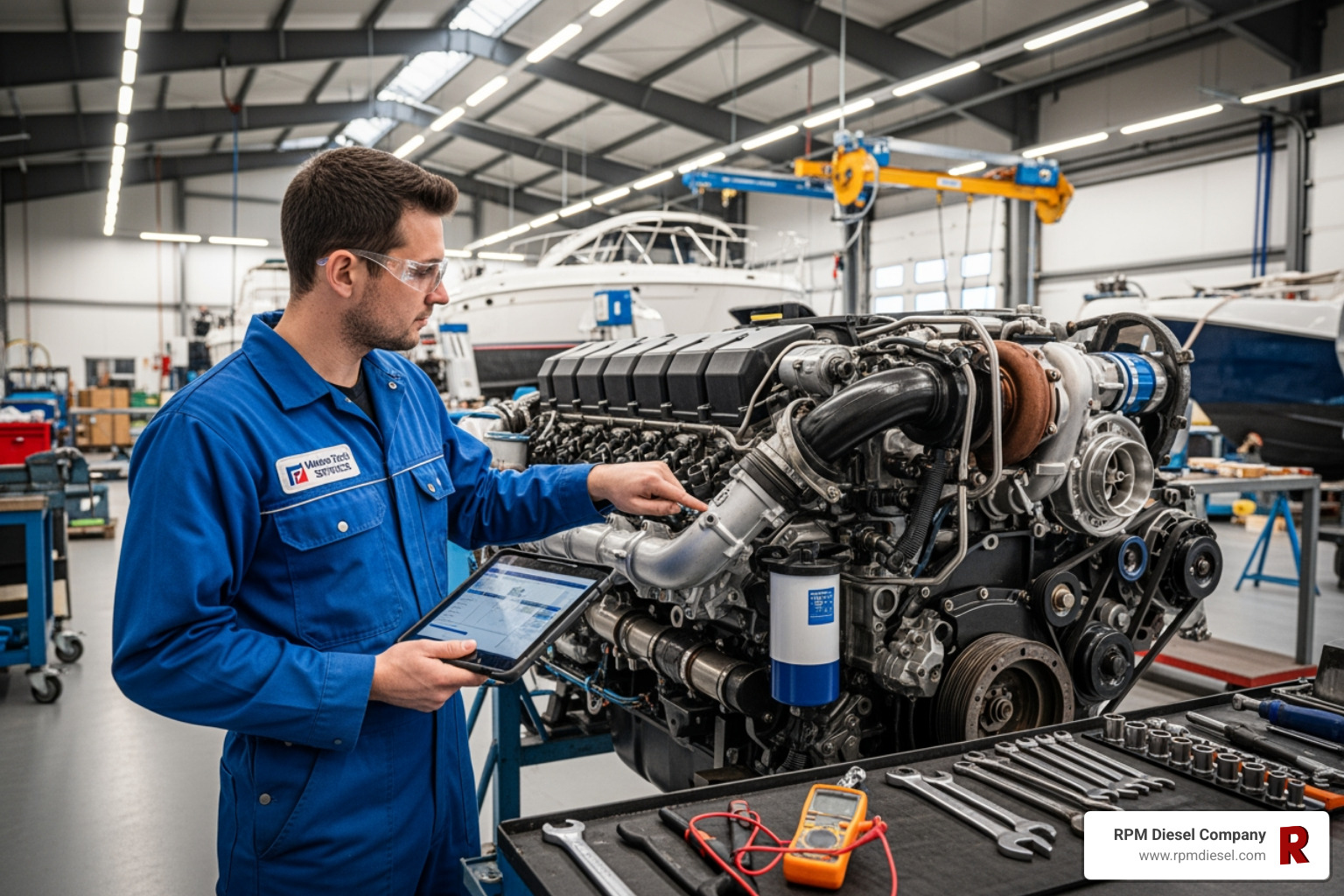 technician inspecting a marine engine - diesel injectors rebuild near me