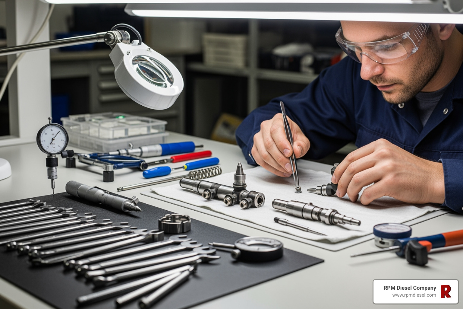 technician at a clean workbench with injector components - diesel injectors rebuild near me