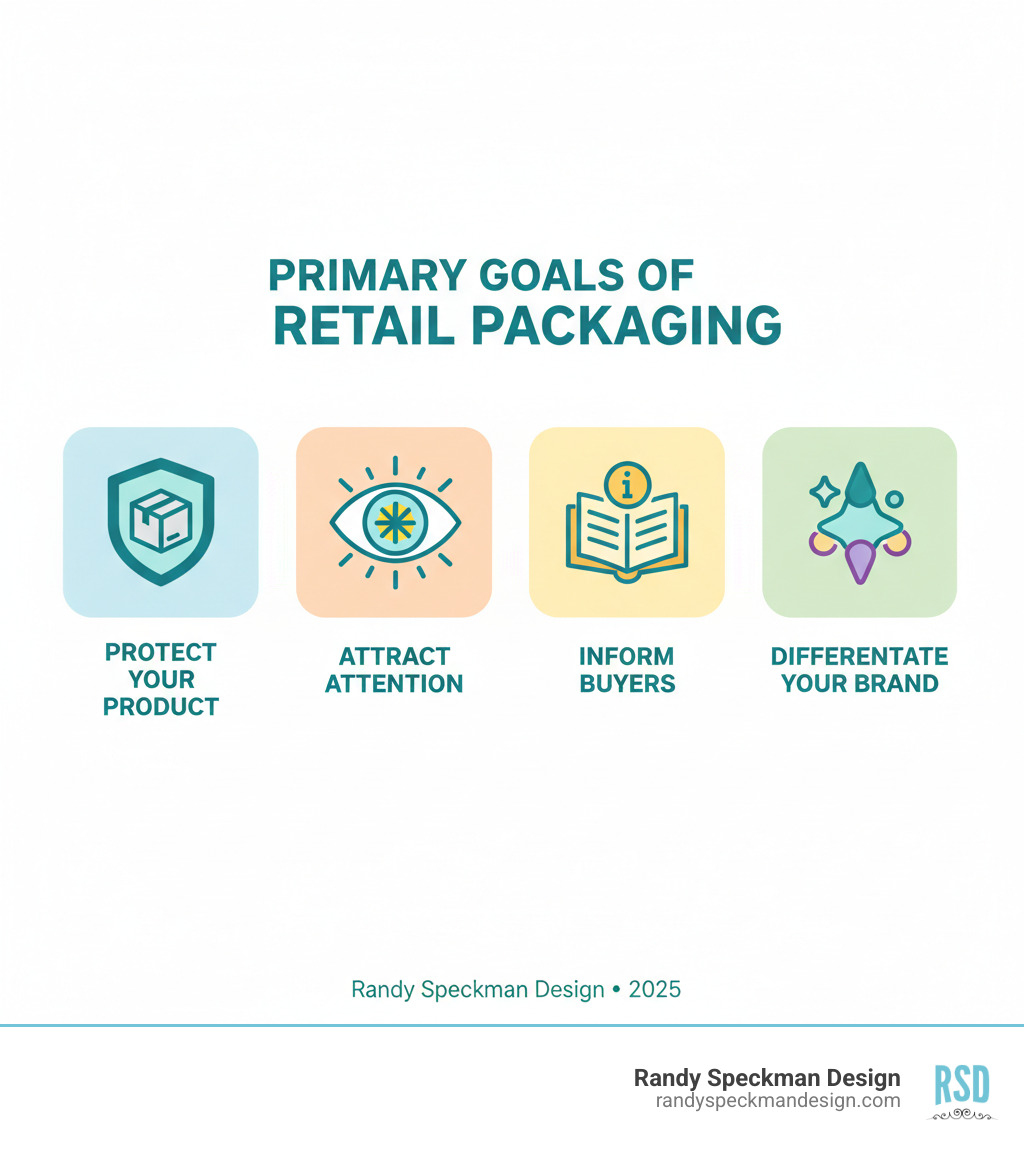 Infographic showing the primary goals of retail packaging: Protect your product, Attract customer attention, Inform buyers about the product, and Differentiate your brand from competitors - Retail packaging solutions infographic Infographic showing the primary goals of retail packaging: Protect your product, Attract customer attention, Inform buyers about the product, and Differentiate your brand from competitors - Retail packaging solutions infographic