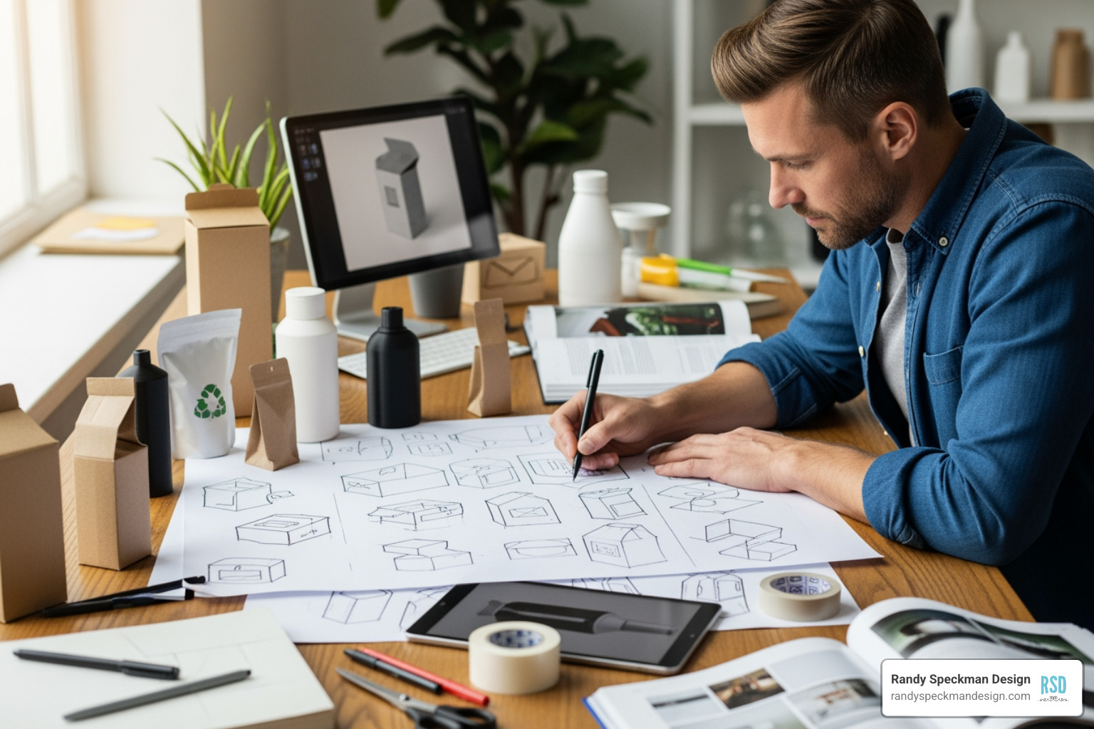 Designer sketching packaging concepts - Retail packaging solutions Designer sketching packaging concepts - Retail packaging solutions