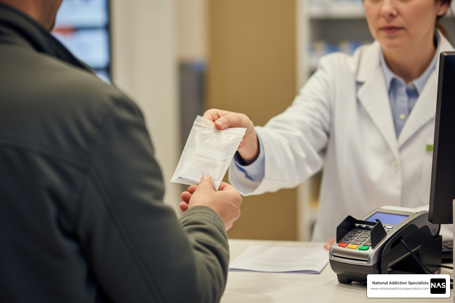 person discreetly picking up a prescription from a local pharmacy - online Suboxone treatment