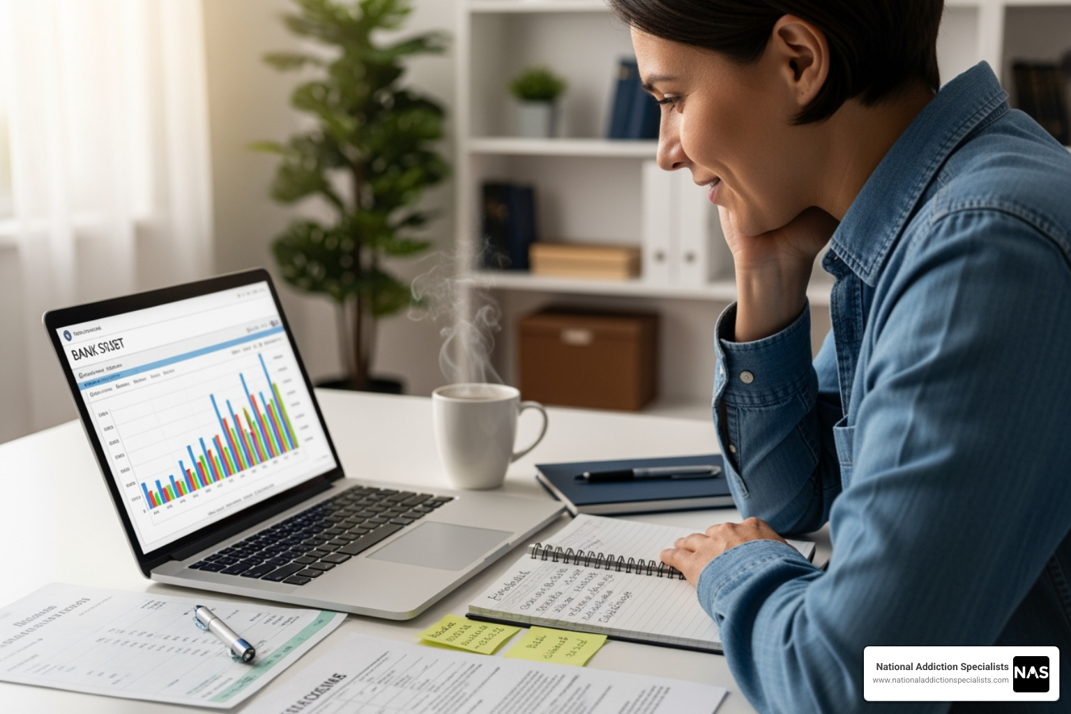 person looking relieved while reviewing their finances on a laptop - affordable Suboxone treatment person looking relieved while reviewing their finances on a laptop - affordable Suboxone treatment