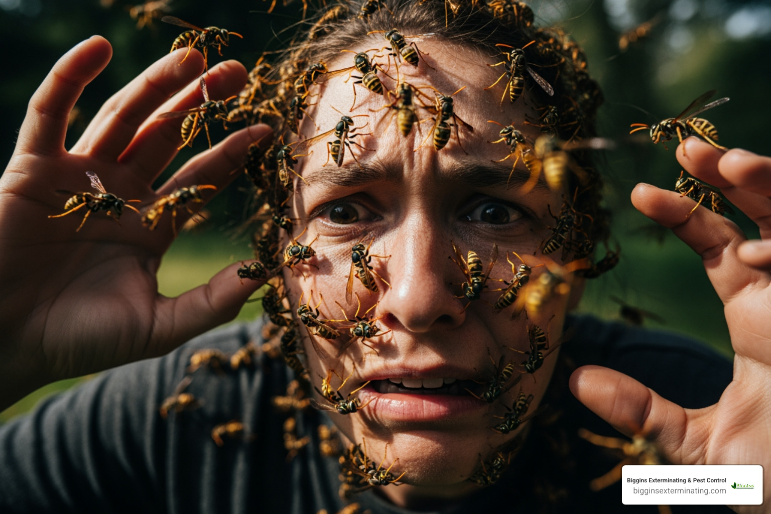 person being swarmed by angry wasps - Wasp nest removal Bedford
