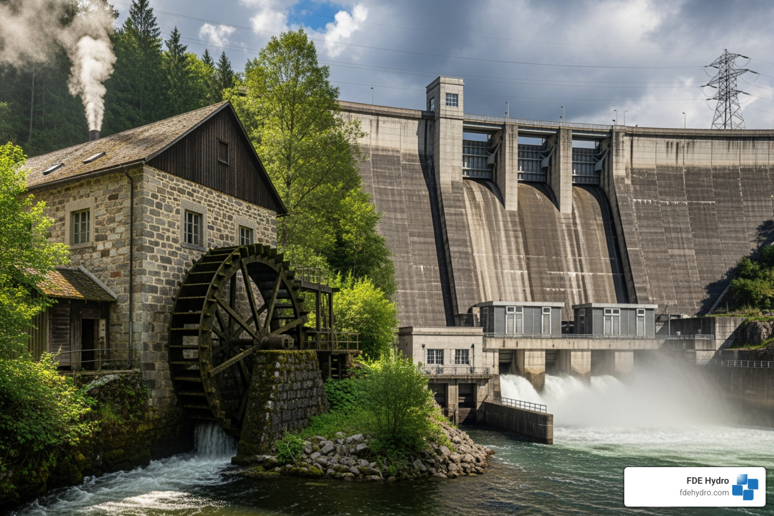 Historic hydropower plant contrasted with a modern hydropower facility - Energy resource development