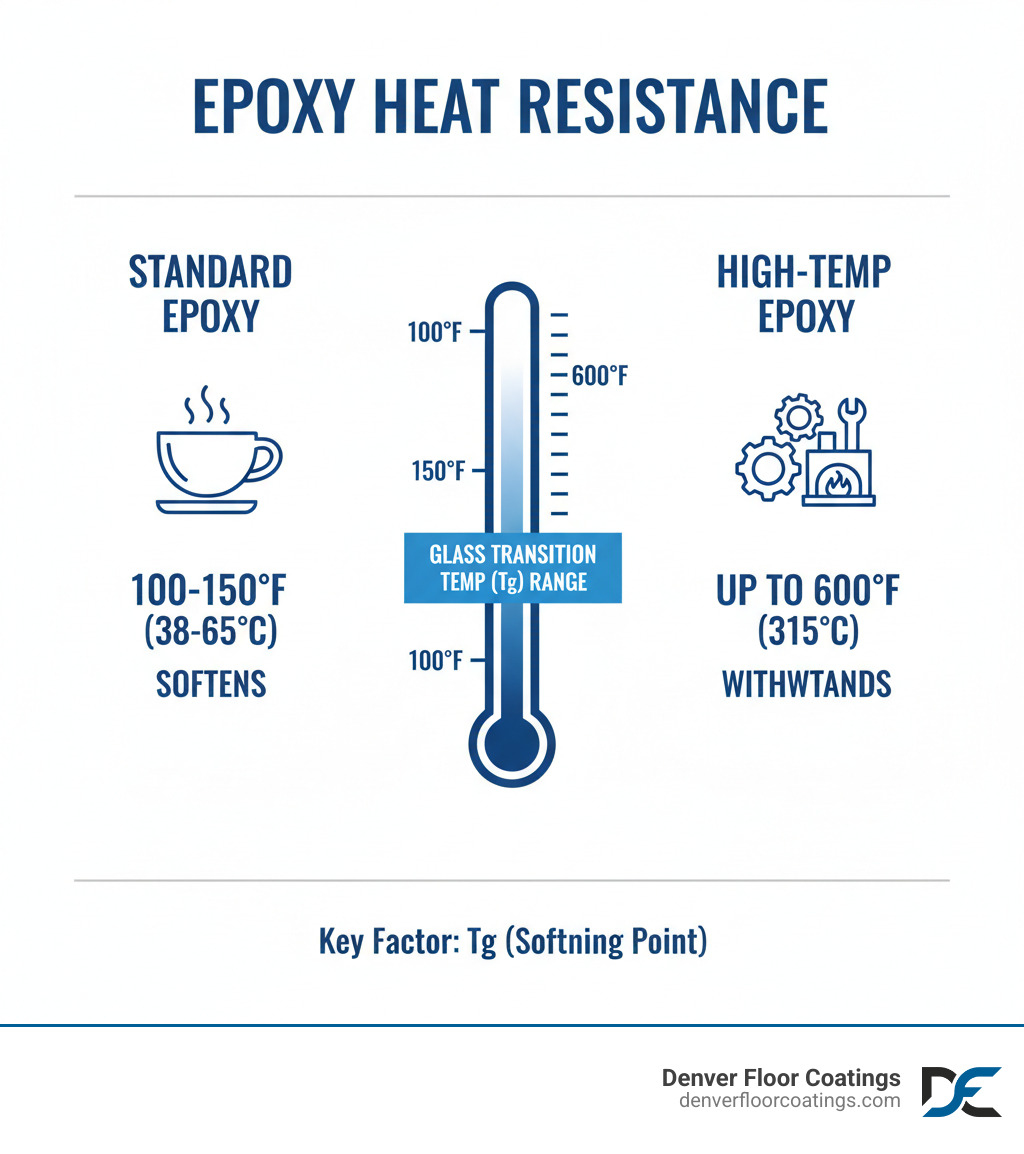 Infographic showing temperature thresholds: Standard epoxy softens at 100-150°F with a coffee cup icon, high-temperature epoxy withstands up to 600°F with industrial equipment icons, and a thermometer scale showing the glass transition temperature Tg range - can epoxy withstand heat infographic 