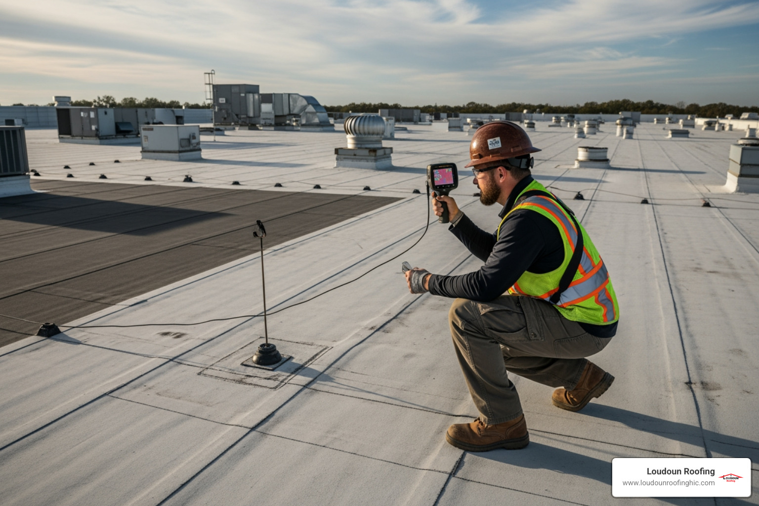 technician using an infrared camera on a commercial flat roof - leak detection roof