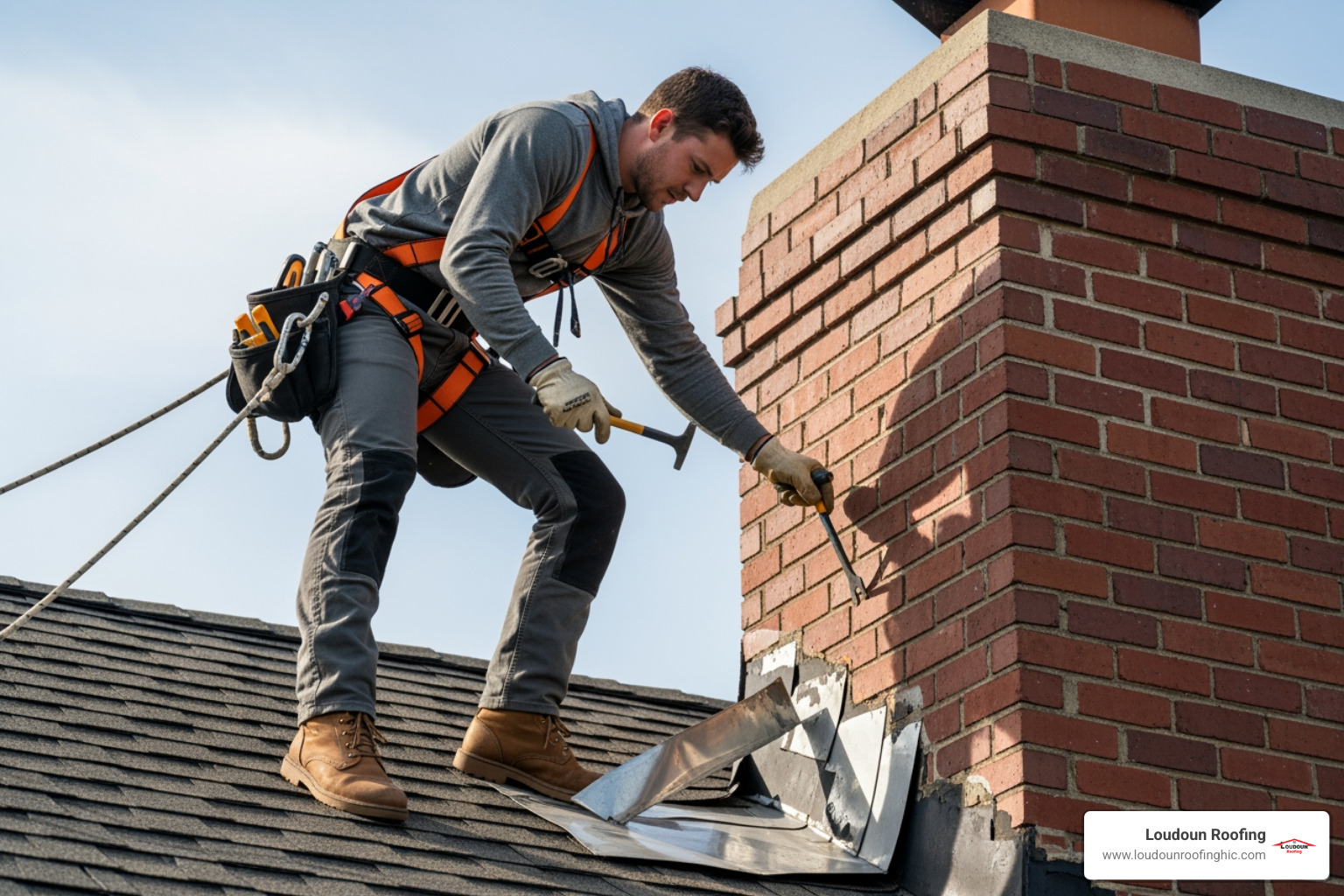 roofer inspecting damaged flashing around a chimney - leak detection roof