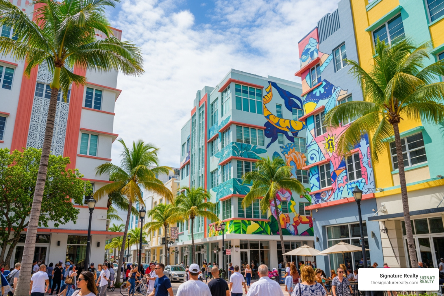 Image of a busy street scene in a Miami commercial district like Wynwood or the Design District - miami commercial real estate market Image of a busy street scene in a Miami commercial district like Wynwood or the Design District - miami commercial real estate market