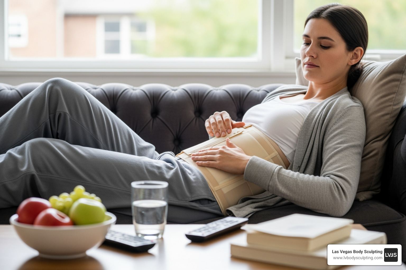 Illustration showing a calendar with key recovery milestones marked for liposuction patients. - Liposuction recovery tips