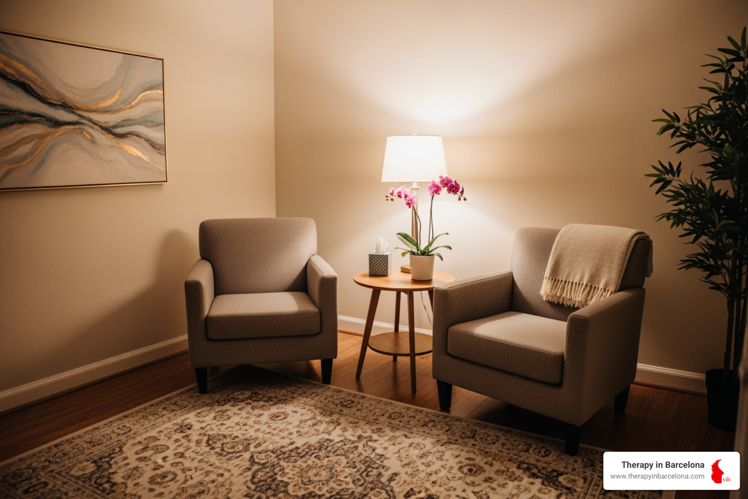 a quiet, well-lit room prepared for a therapy session - Online therapy for families