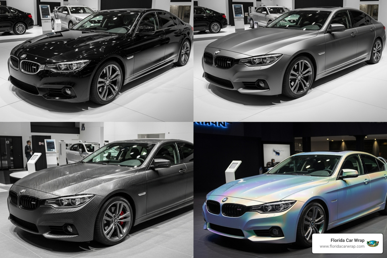 collage showcasing gloss, matte, carbon fiber, and color-shifting wrap finishes on different cars - auto vinyl wrap