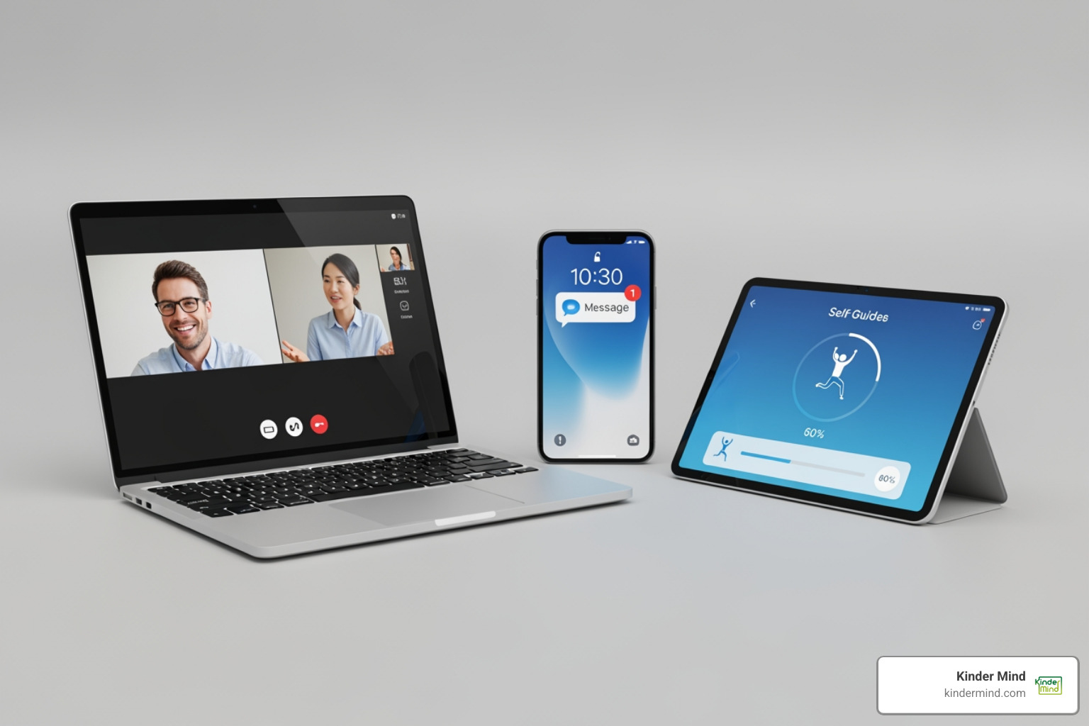 Image showing different modes of online therapy: a laptop with a video call, a phone with a message icon, and a tablet with a self-guided exercise - Anxiety therapy online Image showing different modes of online therapy: a laptop with a video call, a phone with a message icon, and a tablet with a self-guided exercise - Anxiety therapy online