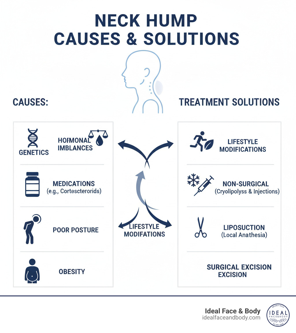 infographic showing the main causes of neck humps including hormonal imbalances, medications like corticosteroids, obesity, poor posture, and genetics on the left side, with corresponding treatment solutions on the right side including lifestyle modifications, non-surgical options like cryolipolysis and injections, liposuction with local anesthesia, and direct surgical excision, connected by arrows - Neck hump fat removal infographic infographic showing the main causes of neck humps including hormonal imbalances, medications like corticosteroids, obesity, poor posture, and genetics on the left side, with corresponding treatment solutions on the right side including lifestyle modifications, non-surgical options like cryolipolysis and injections, liposuction with local anesthesia, and direct surgical excision, connected by arrows - Neck hump fat removal infographic