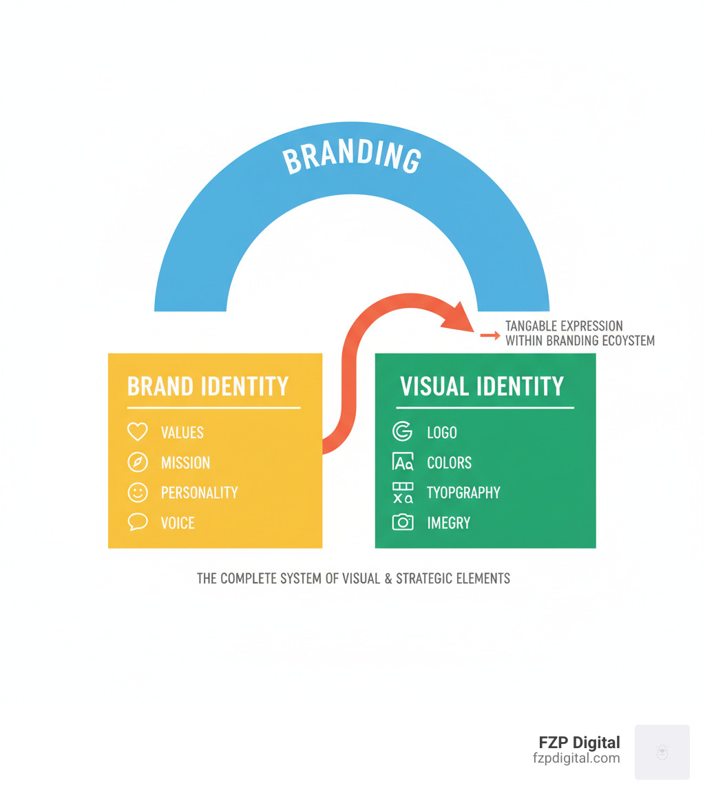 Infographic showing the branding hierarchy: Branding encompasses Brand Identity (values, mission, personality, voice) and Visual Identity (logo, colors, typography, imagery), with Visual Identity being the tangible expression of Brand Identity within the larger Branding ecosystem - what is visual identity and branding in design infographic Infographic showing the branding hierarchy: Branding encompasses Brand Identity (values, mission, personality, voice) and Visual Identity (logo, colors, typography, imagery), with Visual Identity being the tangible expression of Brand Identity within the larger Branding ecosystem - what is visual identity and branding in design infographic