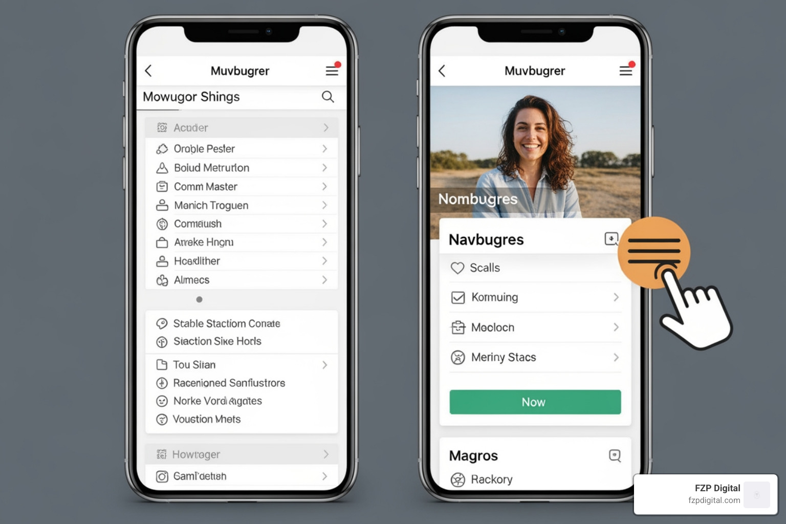 showing a “before” of a clunky mobile menu and an “after” of a clean, user-friendly hamburger menu - responsive design solutions showing a “before” of a clunky mobile menu and an “after” of a clean, user-friendly hamburger menu - responsive design solutions