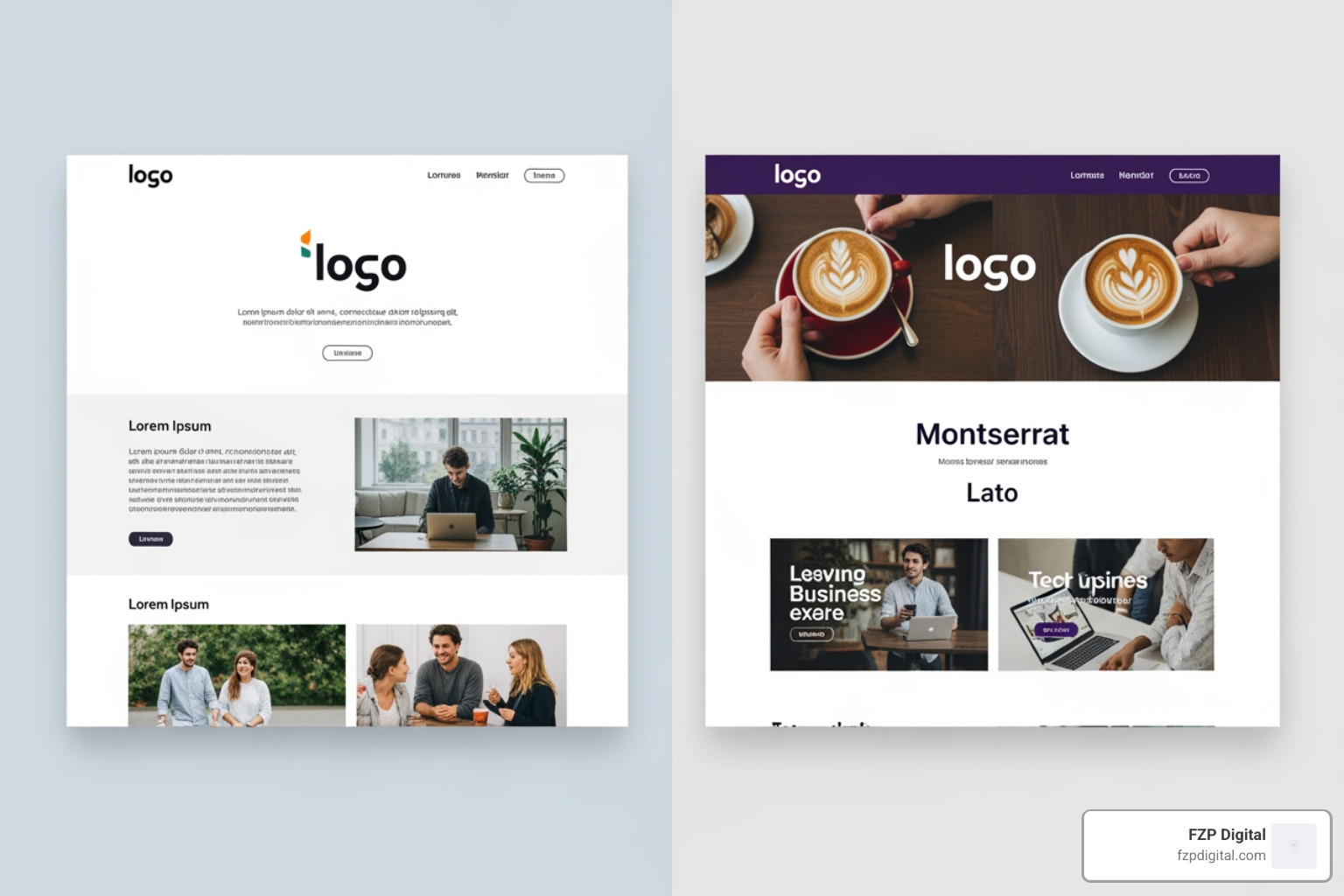 A split image showing a generic website template on the left and the same template on the right, fully customized with a unique logo, brand colors, custom fonts, and relevant business imagery. - wordpress business website templates A split image showing a generic website template on the left and the same template on the right, fully customized with a unique logo, brand colors, custom fonts, and relevant business imagery. - wordpress business website templates