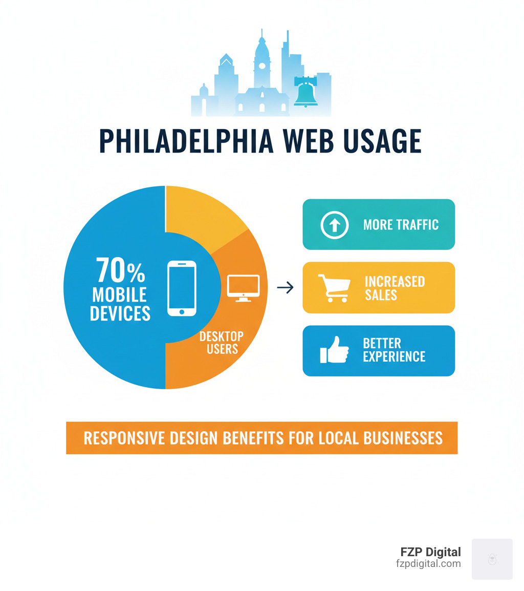 Infographic showing the percentage of Philadelphians (over 70%) who browse the web on mobile devices vs. desktop, and key benefits of responsive design for local businesses - Philadelphia responsive design infographic Infographic showing the percentage of Philadelphians (over 70%) who browse the web on mobile devices vs. desktop, and key benefits of responsive design for local businesses - Philadelphia responsive design infographic