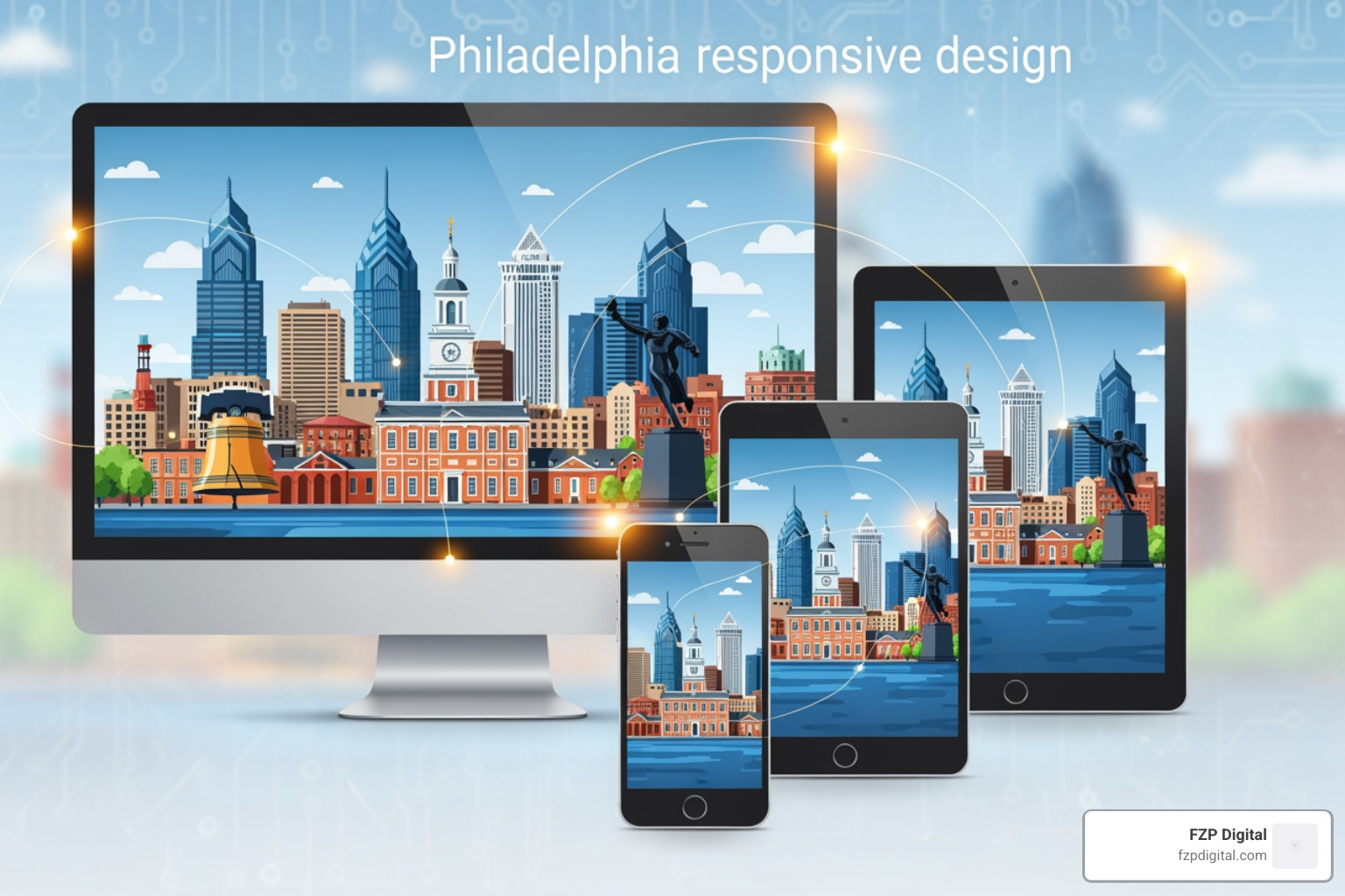 beautiful website displayed seamlessly on a phone, tablet, and desktop, with the Philadelphia skyline softly in the background - Philadelphia responsive design beautiful website displayed seamlessly on a phone, tablet, and desktop, with the Philadelphia skyline softly in the background - Philadelphia responsive design