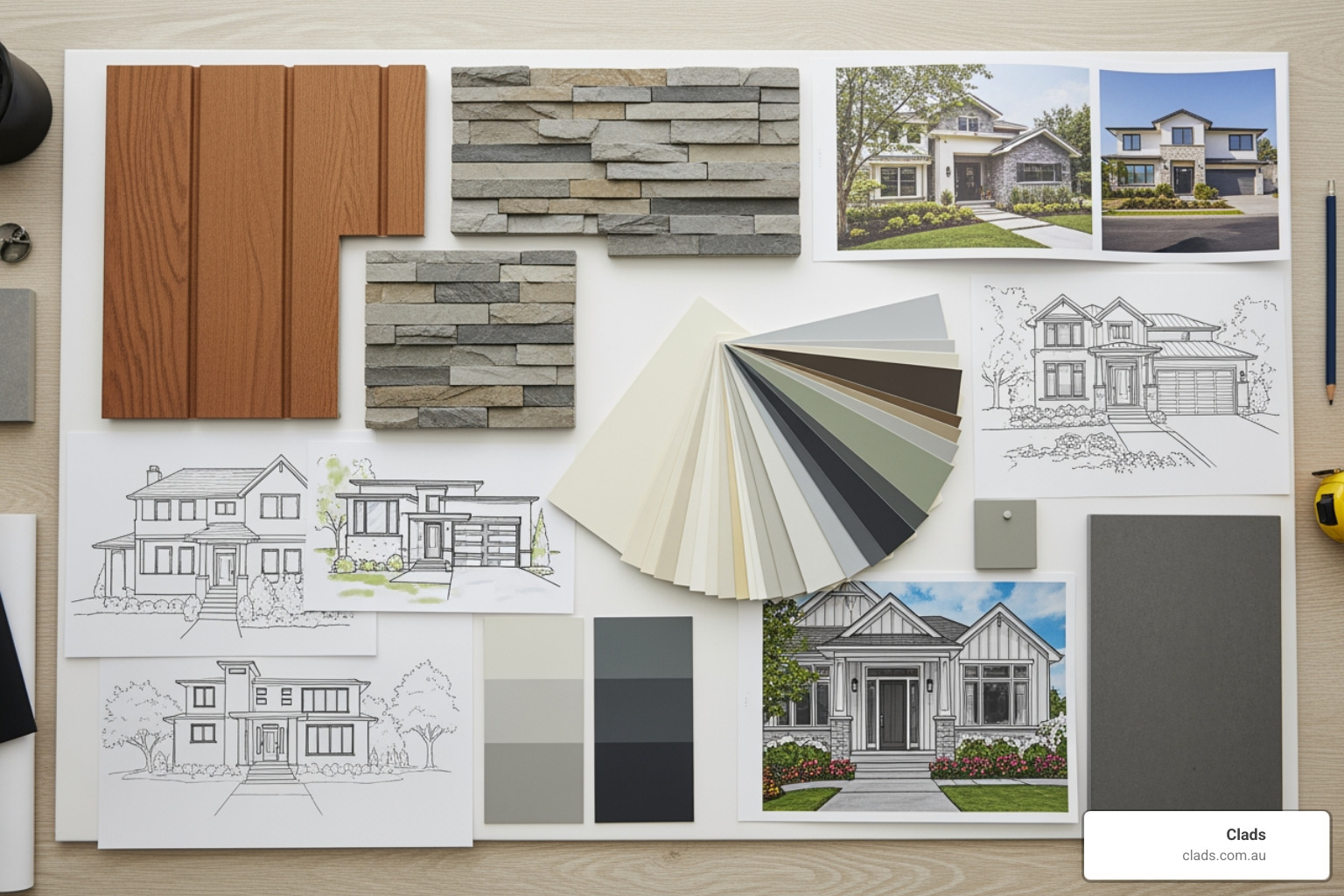 Design inspiration board showing composite timber cladding, stone veneer samples, and paint colours, planning a complete home exterior makeover.