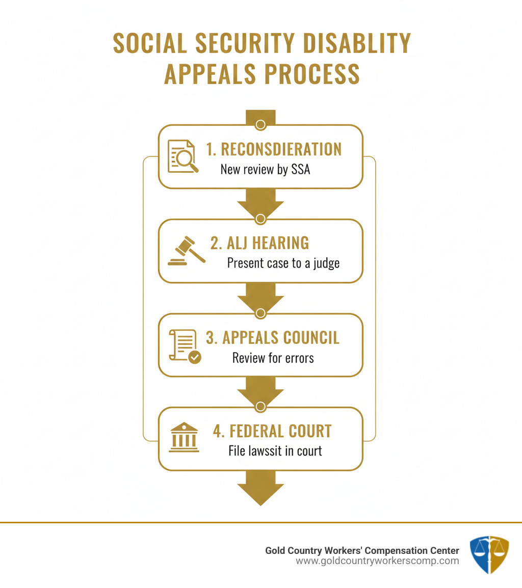 Infographic showing the four levels of the Social Security disability appeals process: Reconsideration, ALJ Hearing, Appeals Council, and Federal Court, with brief descriptions of what happens at each stage. - social security disability appeals infographic 