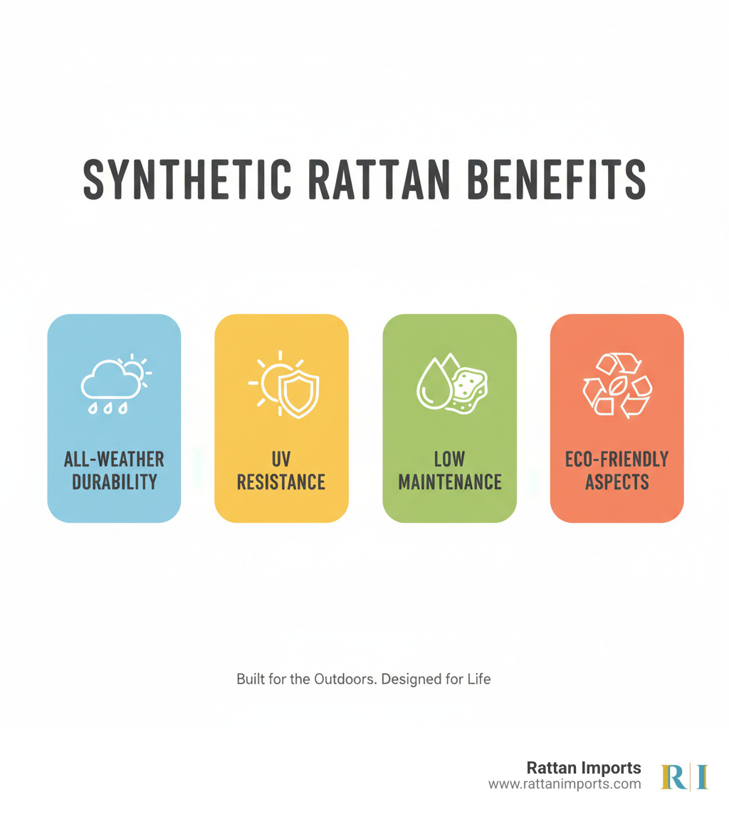 infographic explaining the key benefits of synthetic rattan: All-Weather Durability, UV Resistance, Low Maintenance, and Eco-Friendly Aspects - Outdoor Rattan patio furniture infographic infographic explaining the key benefits of synthetic rattan: All-Weather Durability, UV Resistance, Low Maintenance, and Eco-Friendly Aspects - Outdoor Rattan patio furniture infographic