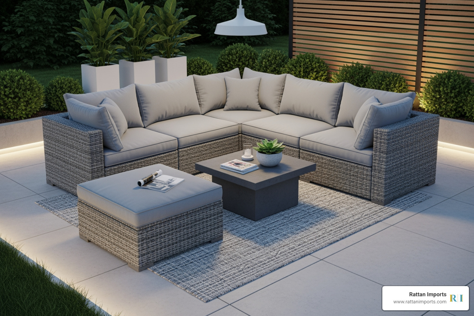 cozy grey rattan sectional sofa with plush cushions on a modern patio - Outdoor Rattan patio furniture cozy grey rattan sectional sofa with plush cushions on a modern patio - Outdoor Rattan patio furniture